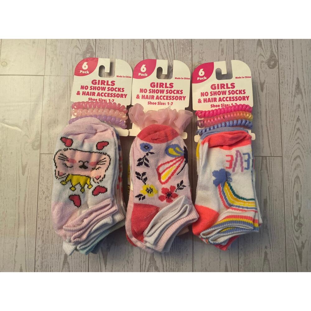 Girls No Show Socks Bundle – 18 Pairs + Hair Accessories (Shoe Size 1–7)